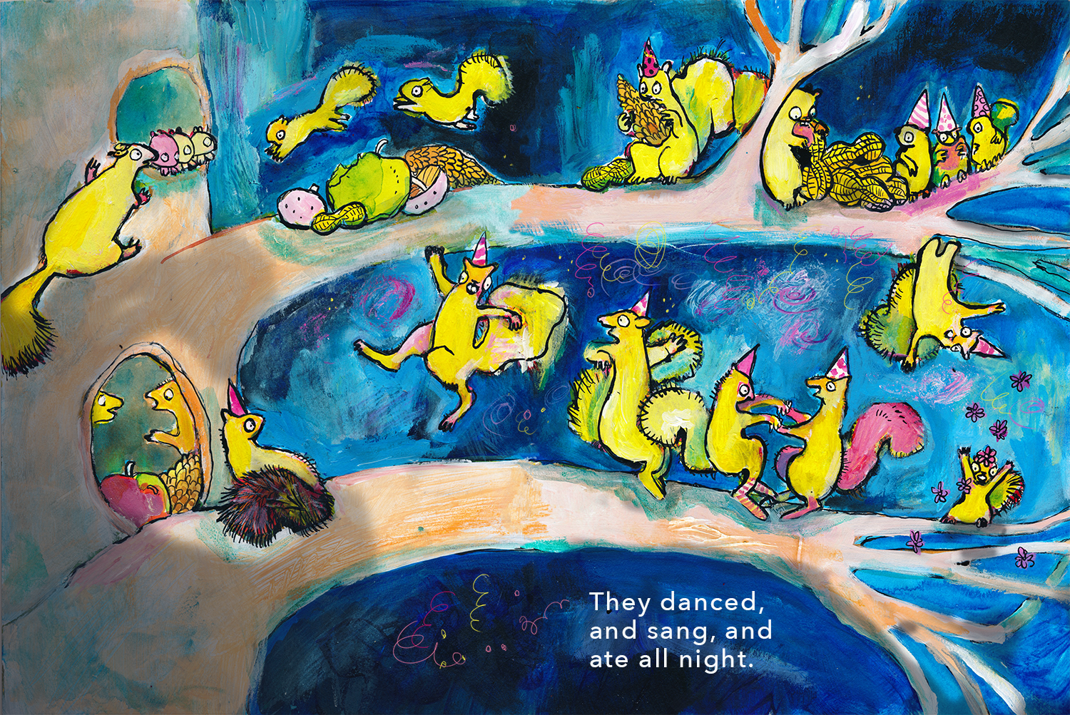 Yermit Children's Illustration of Squirrels in tree partying